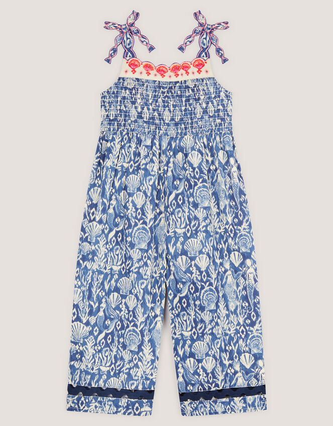 Mermaid Print Smocked Culotte Jumpsuit, Blue (BLUE), large