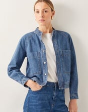 Binky Crop Collarless Denim Jacket, Blue (MID AUTHENTIC BLUE), large