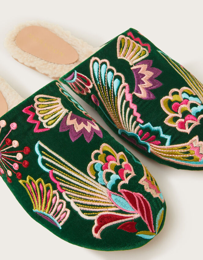 Camilla Bird Embroidered Slippers, Green (GREEN), large