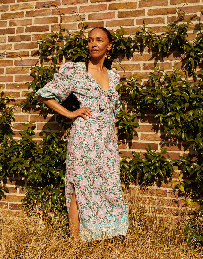 Floral Woodblock Knot Front Dress in Sustainable Cotton Pink