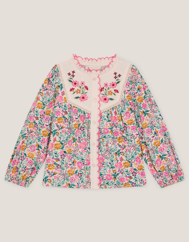 Floral Print Scallop Collar Blouse, Ivory (IVORY), large