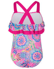 Inca Flower Print Frill Swimsuit with Recycled Polyester, Pink (PINK), large
