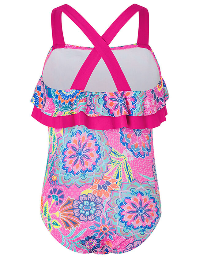 Inca Flower Print Frill Swimsuit with Recycled Polyester, Pink (PINK), large