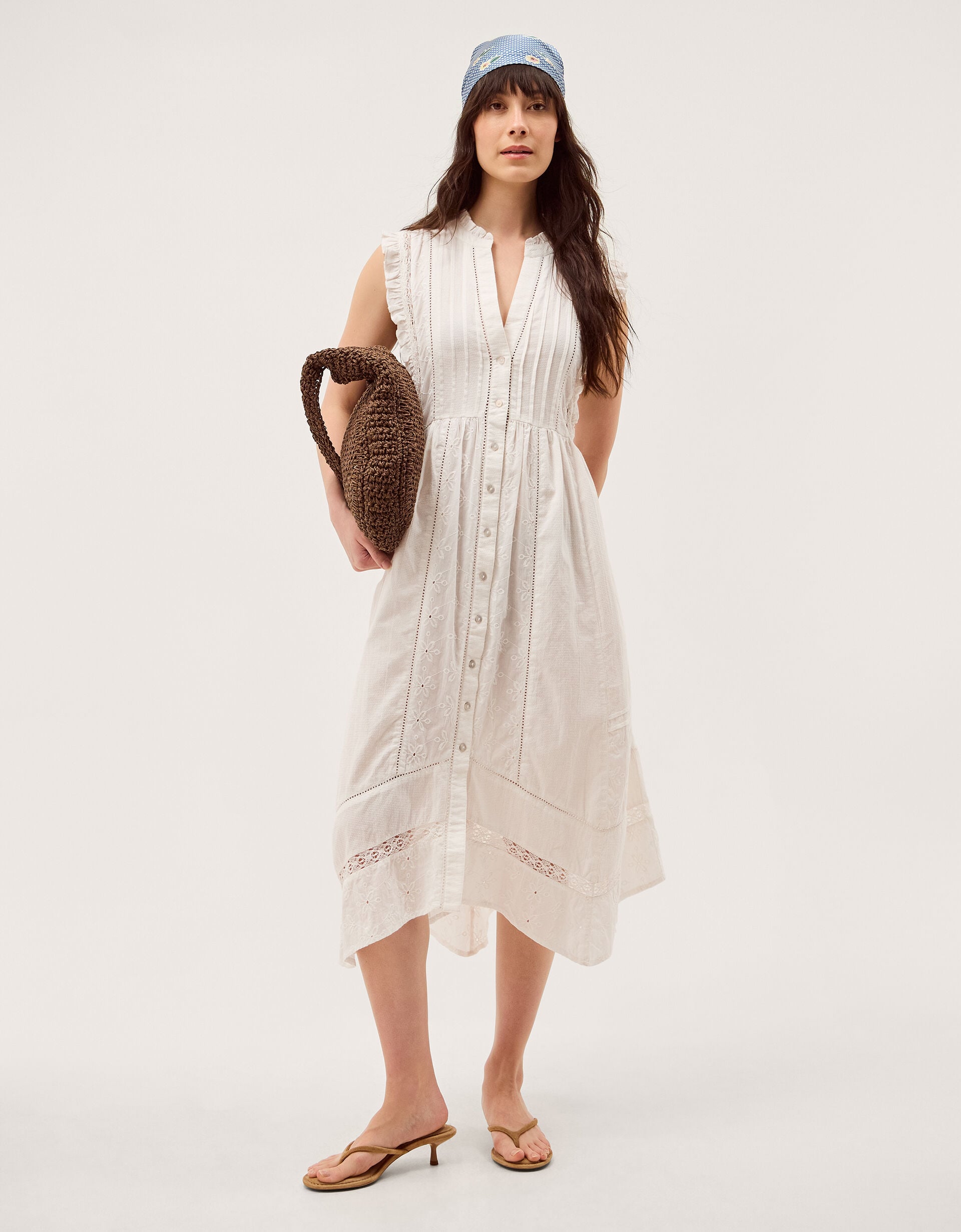 Lacy Sleeveless Handkerchief Midi Dress Ivory