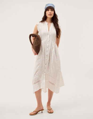 Lacy Sleeveless Handkerchief Midi Dress, Ivory (IVORY), large