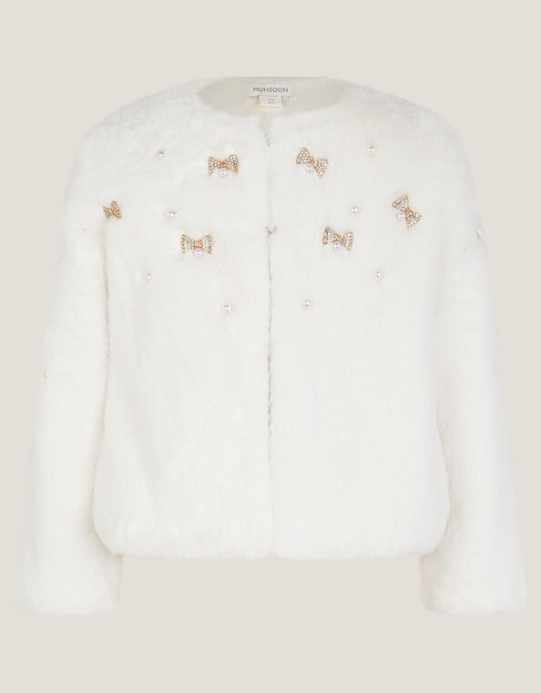 Embellished Faux Fur Coat, Ivory (IVORY), large