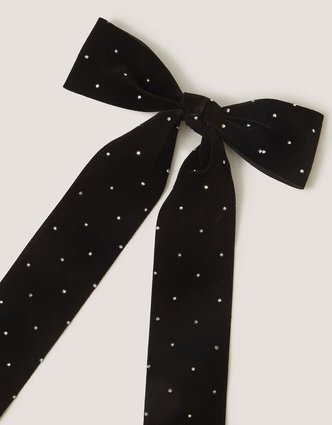 Velvet Rhinestone Bow Hair Clip, Black (BLACK), large