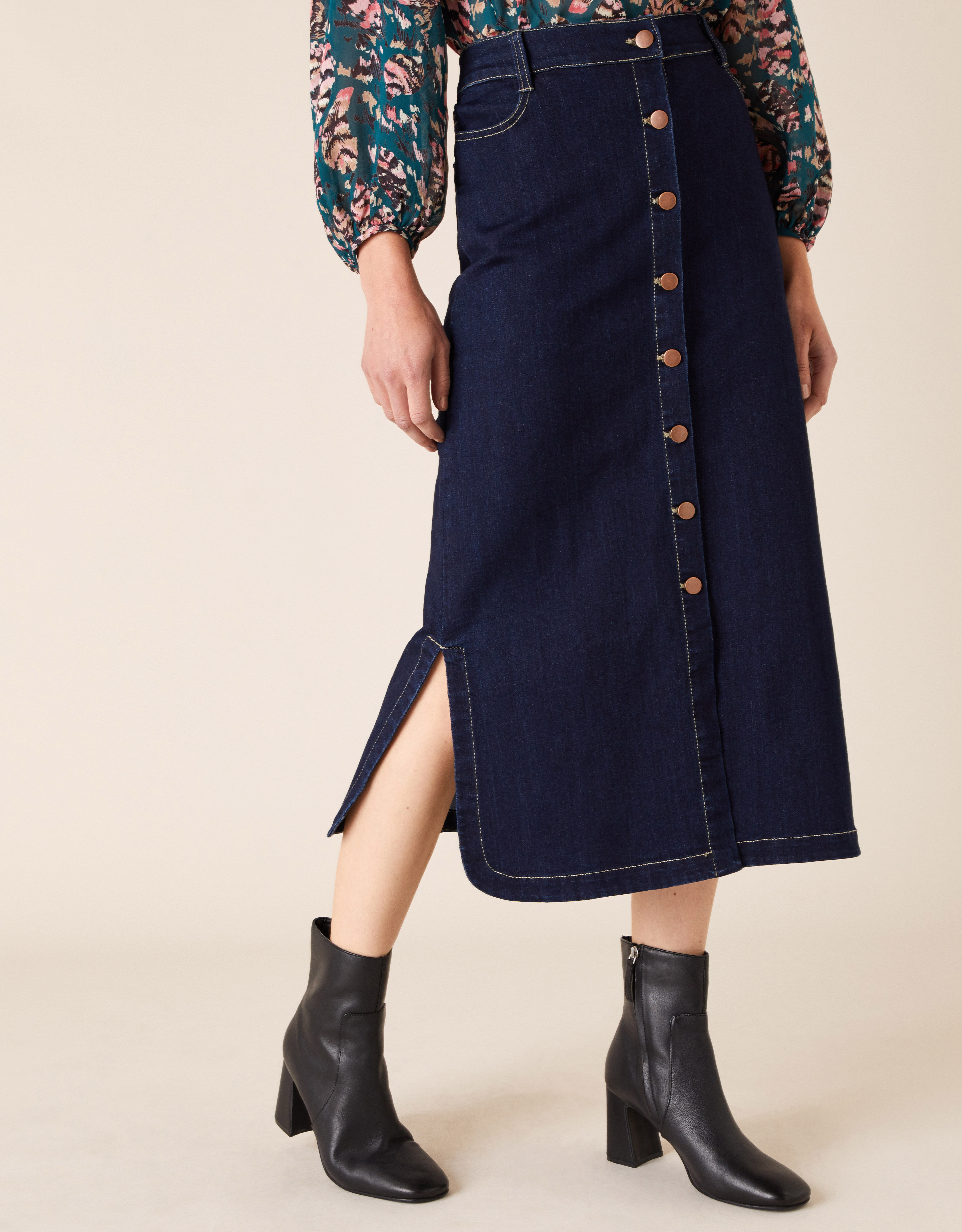 blue denim midi skirt