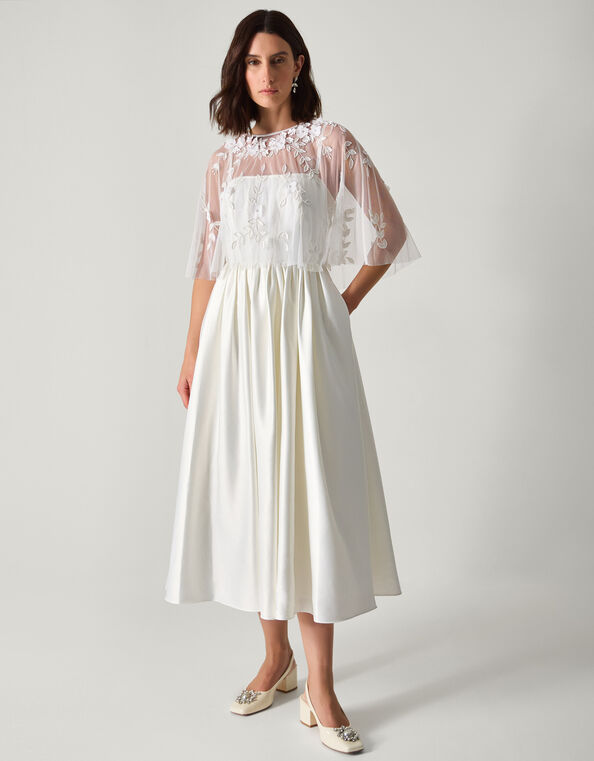 Celeste Satin Wedding Dress with Floral Embellished Cape, Ivory (IVORY), large