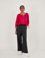 Linen Wide Leg Pull On Trousers, Black (BLACK), large