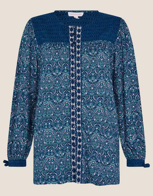 Paisley Print Embellished Jersey Top, Blue (NAVY), large
