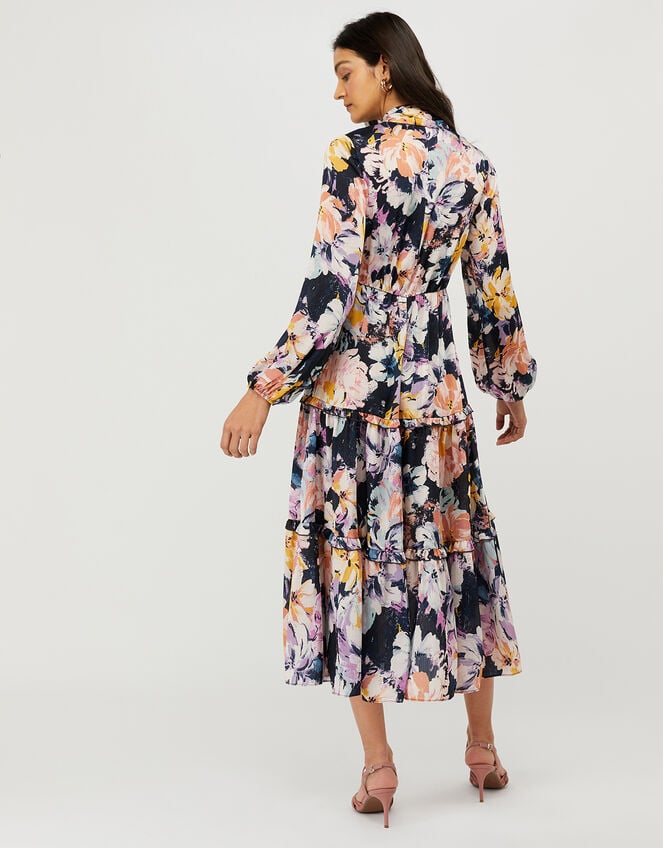 Marie Sustainable Floral Satin Midi Dress, Blue (BLUE), large