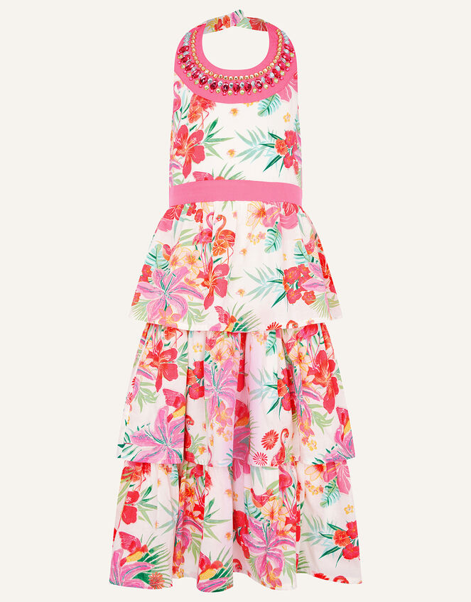 Tropical Flamingo Print Halter Maxi Dress, Ivory (IVORY), large