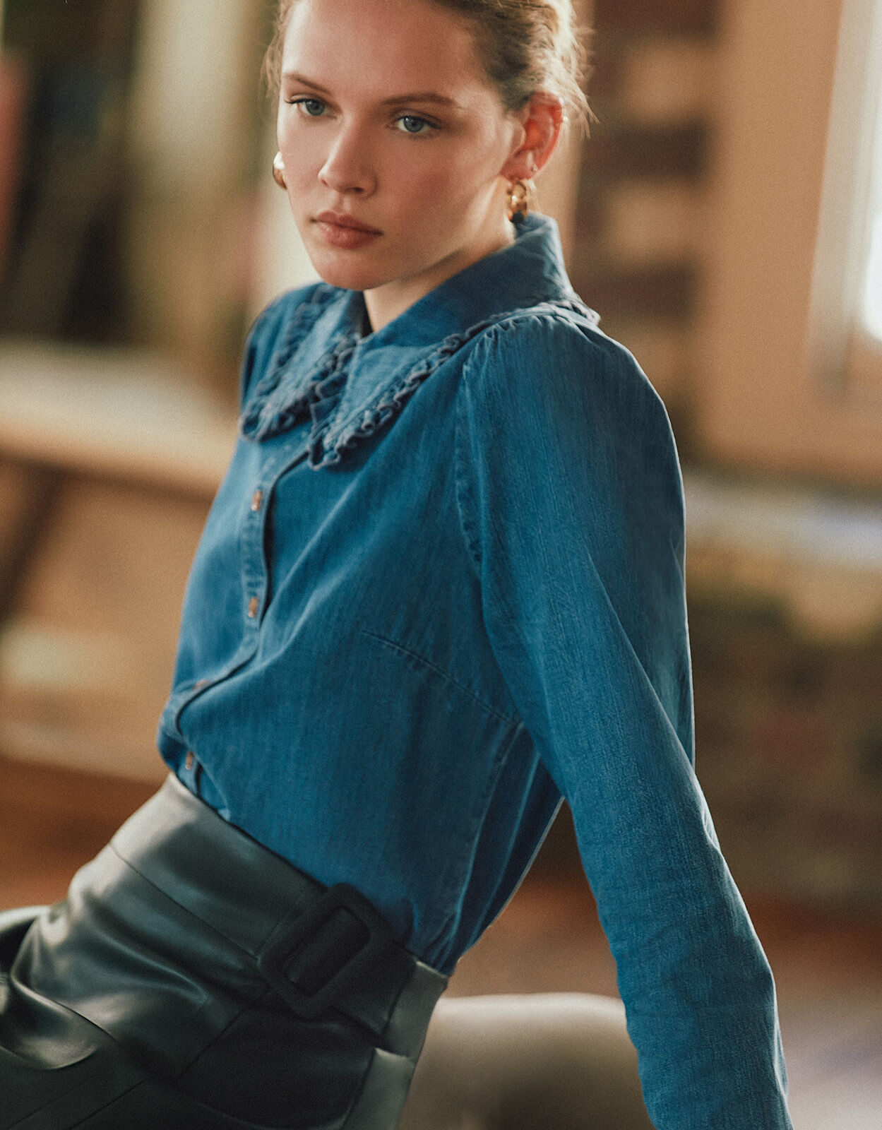 Frill Collar Denim Shirt Blue