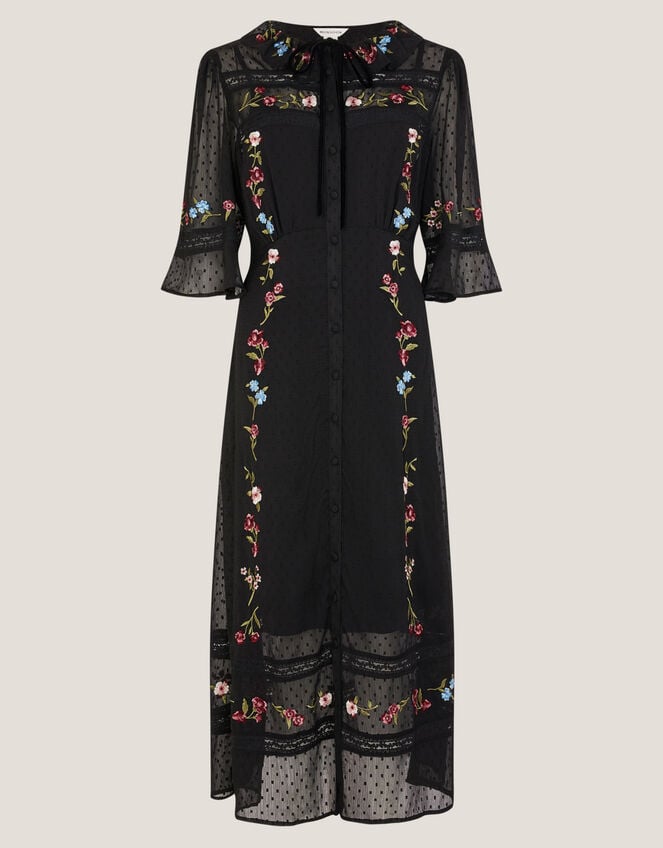 Alyssa Floral Embroidered Lace Midi Dress, Black (BLACK), large
