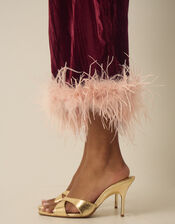Emma Faux Feather Cropped Velvet Trousers, Red (BURGUNDY), large