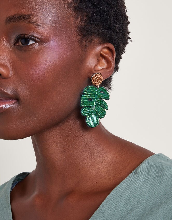 Beaded Palm Leaf Earrings, , large