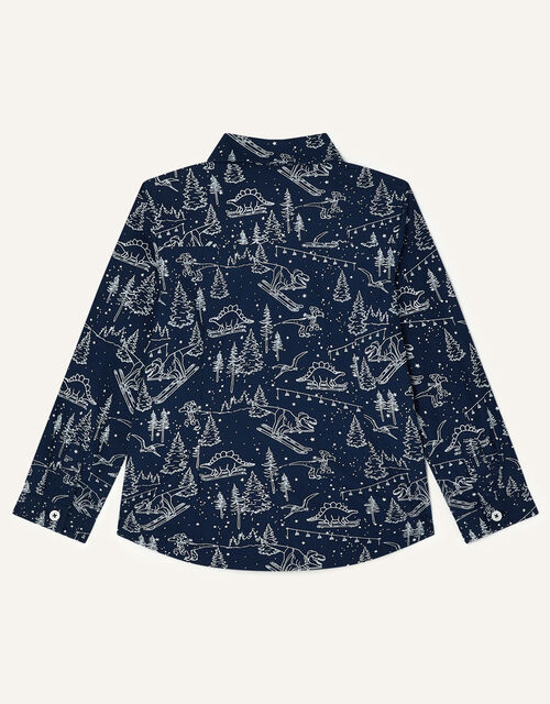 Christmas Dinosaur Print Shirt, Blue (NAVY), large