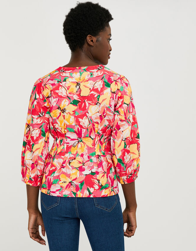 Verna Floral Blouse in Linen and Organic Cotton, Red (RED), large