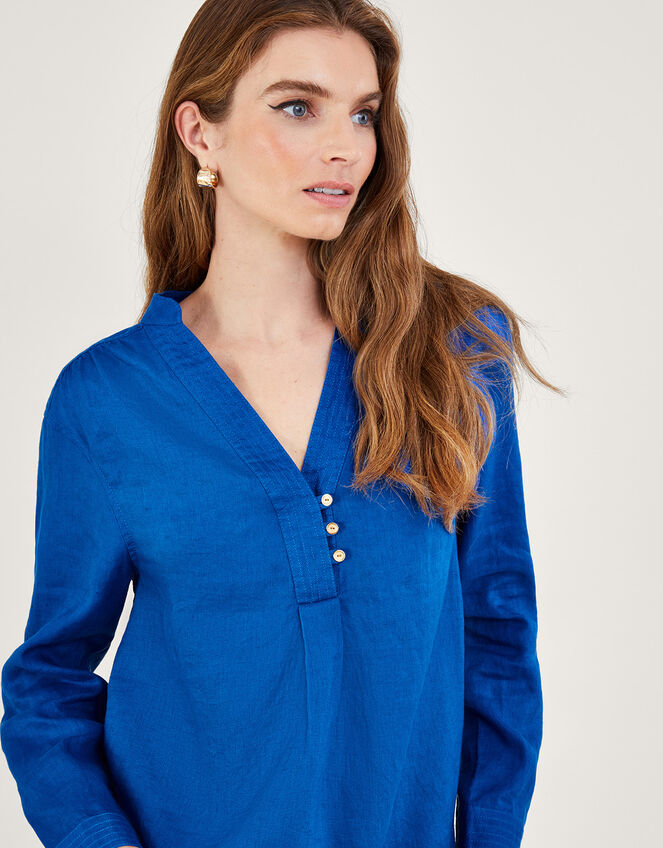 India Overhead Nehru Collar Linen Shirt Blue