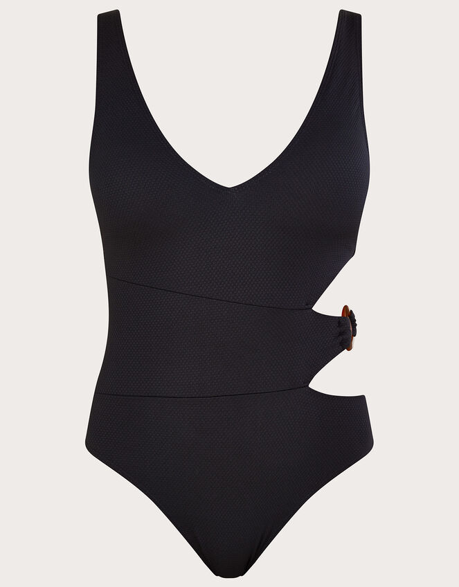 Plain Cut-Out O-Ring Swimsuit with Recycled Polyester, Black (BLACK), large