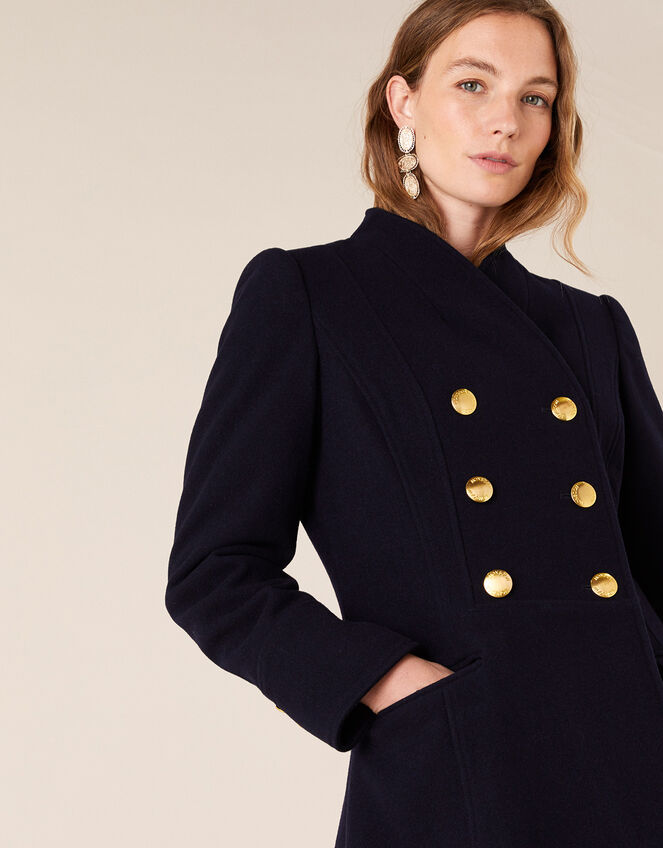Rosaline Long Military Coat in Wool Blend Blue | Women's Coats ...