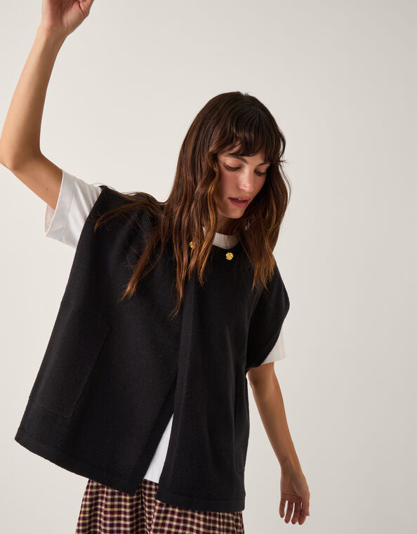 Double Breasted Knit Poncho Vest, Black (BLACK), large