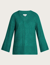V-Neck Cable Longline Jumper, Green (GREEN), large