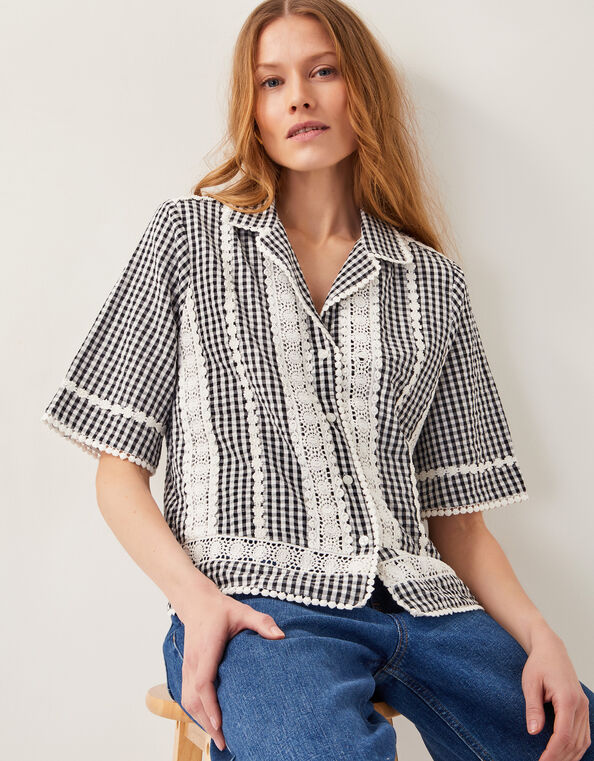 Zoe Lace Gingham Cotton Shirt, Black (BLACK), large