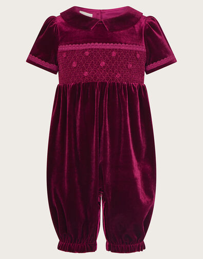 Baby Velvet Smock Romper, Red (BURGUNDY), large