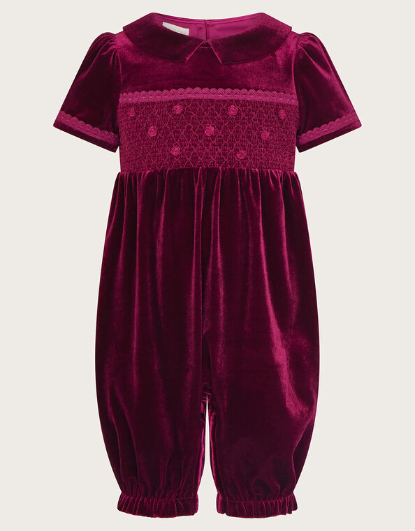 Baby Velvet Smock Romper, Red (BURGUNDY), large
