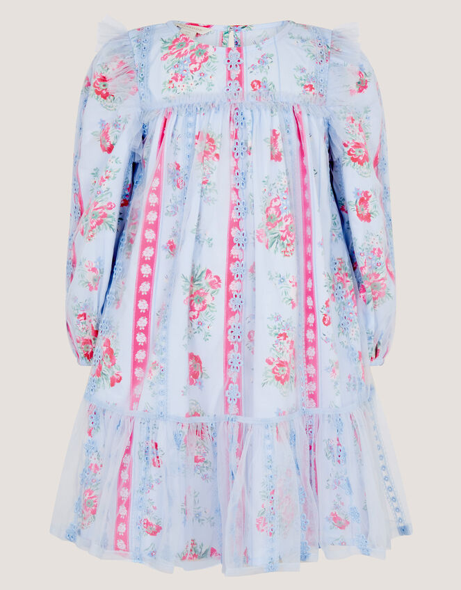 Floral Broderie Long Sleeve Dress & Hair Scrunchie, Blue (BLUE), large