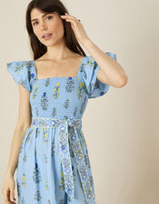 Floral Frill Sleeve Midi Dress, Blue (BLUE), large