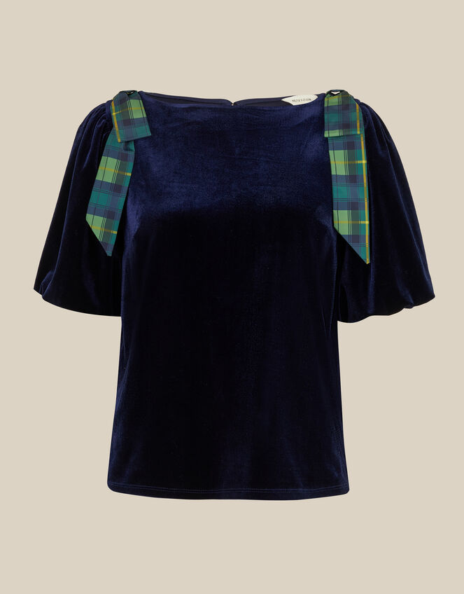 Vittoria Short Sleeve Tartan Bow Velvet Top, Blue (MIDNIGHT), large