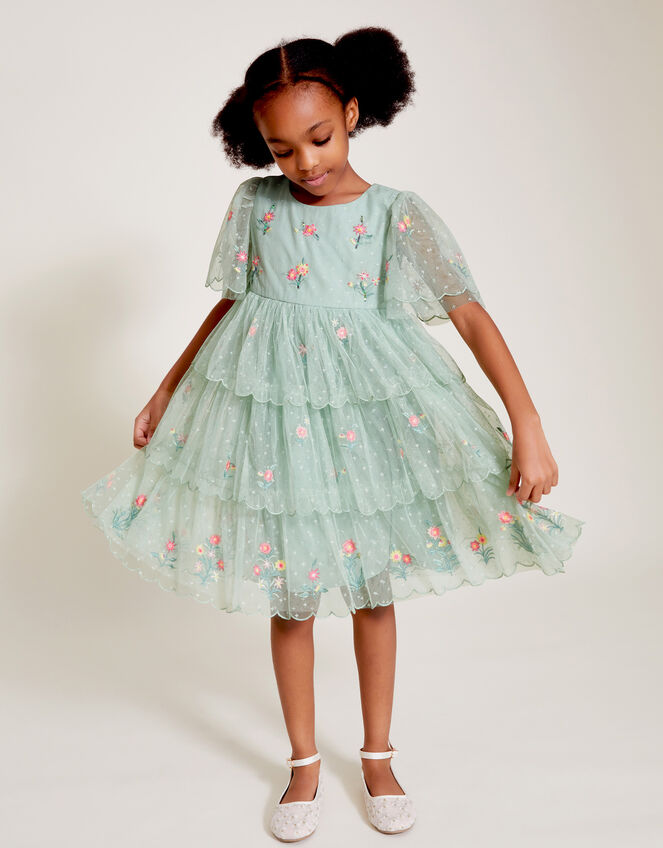 Floral Embroidered Tiered Tulle Dress, Green (GREEN), large
