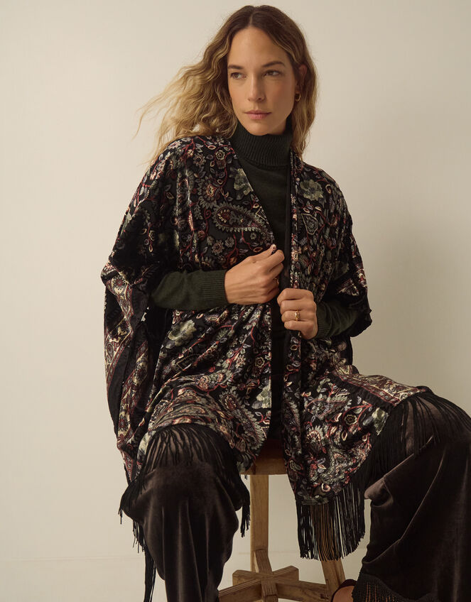 Regan Paisley Devor&eacute; Fringe Poncho, , large
