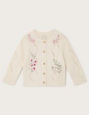 Baby Floral Embroidered Knit Cardigan, Ivory (IVORY), large