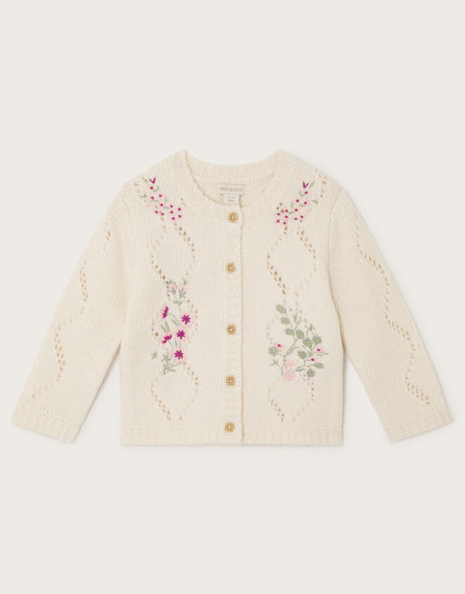 Baby Floral Embroidered Knit Cardigan, Ivory (IVORY), large