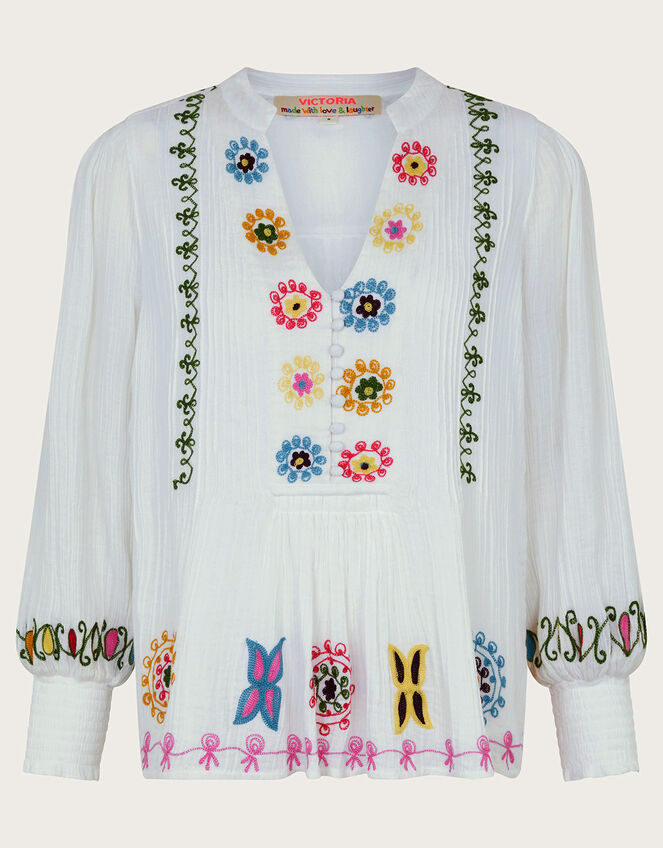 La Galeria Elefante Hand-Embroidered Blouse, White (WHITE), large