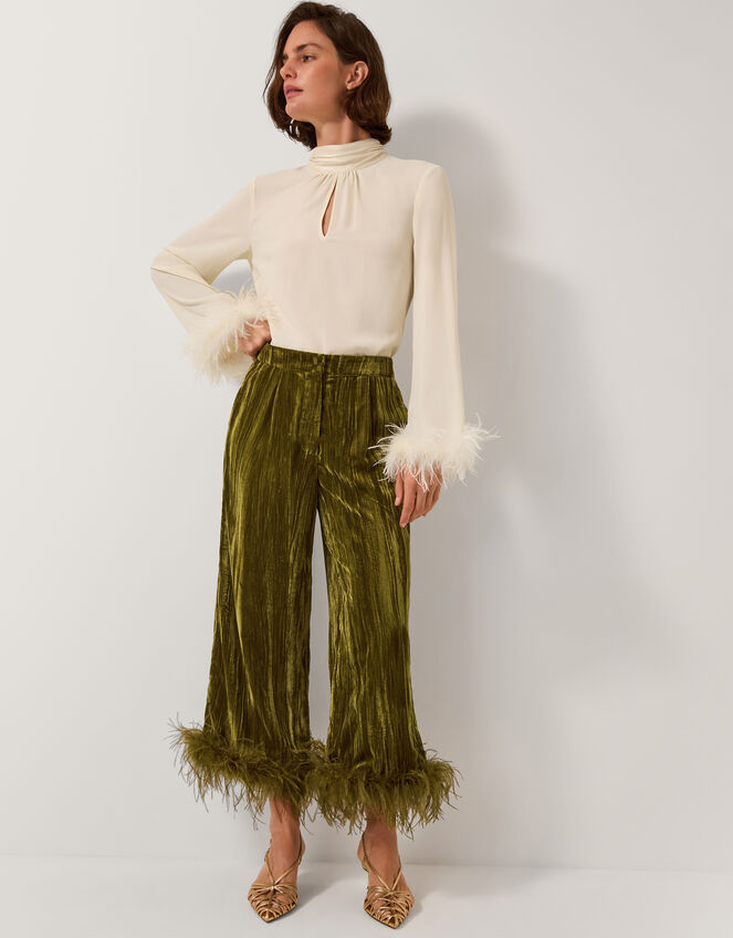 Olivia Feather Cuff Velvet Trousers, Green (OLIVE), large