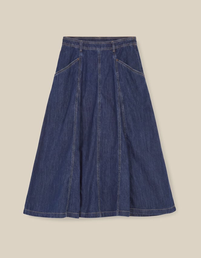 Harper Godet Denim Midi Skirt , Blue (INDIGO), large