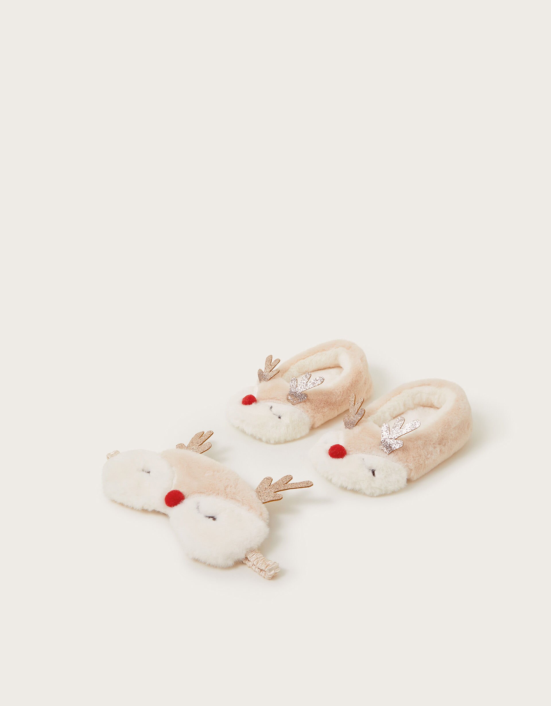 Fluffy Reindeer Slippers and Mask Set Ivory Shoes Monsoon UK