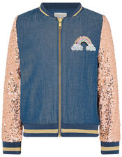 Sequin Unicorn Denim Bomber Jacket, Blue (BLUE), large