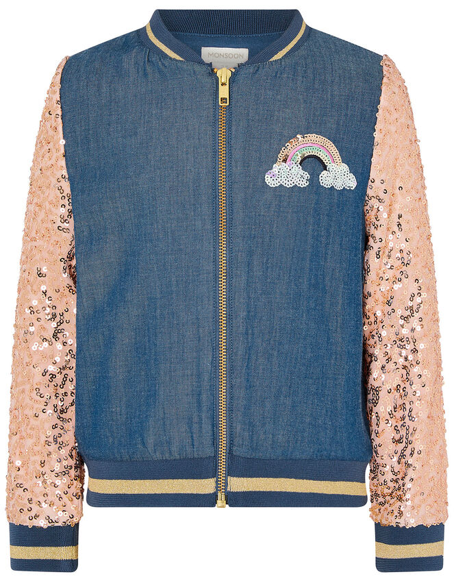 Sequin Unicorn Denim Bomber Jacket, Blue (BLUE), large