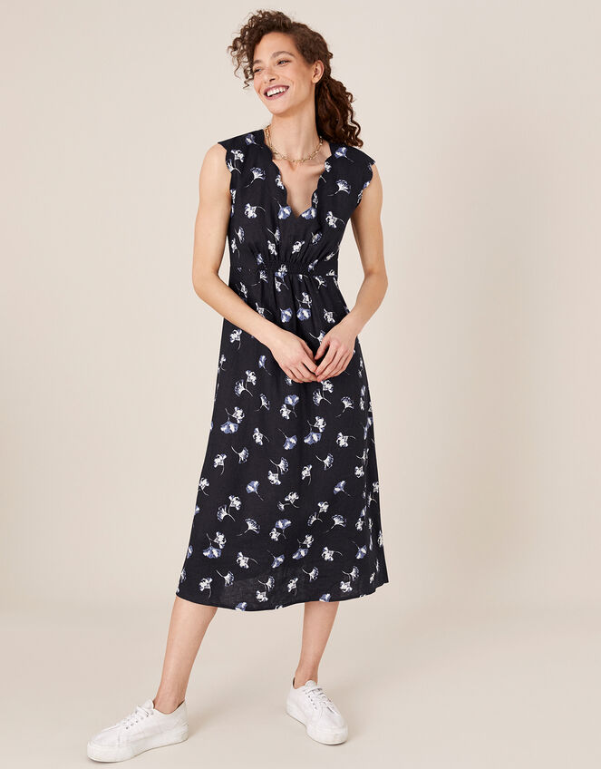 Floral Midi Dress in Pure Linen Blue | Day Dresses | Monsoon UK.