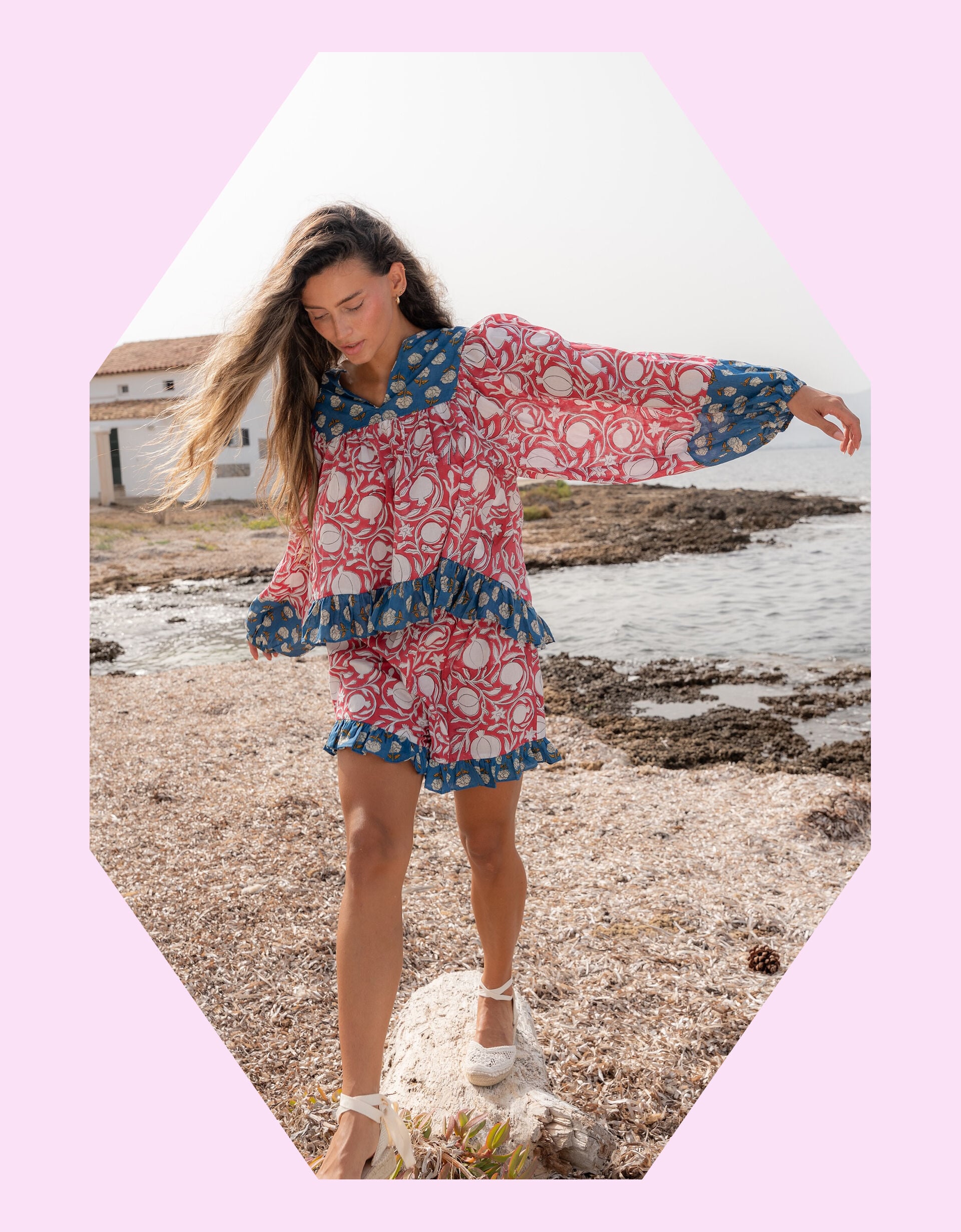 Pitusa Block Print Frill Blouse & Shorts Set