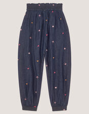 Embroidered Chambray Cuffed Trousers, Blue (BLUE), large