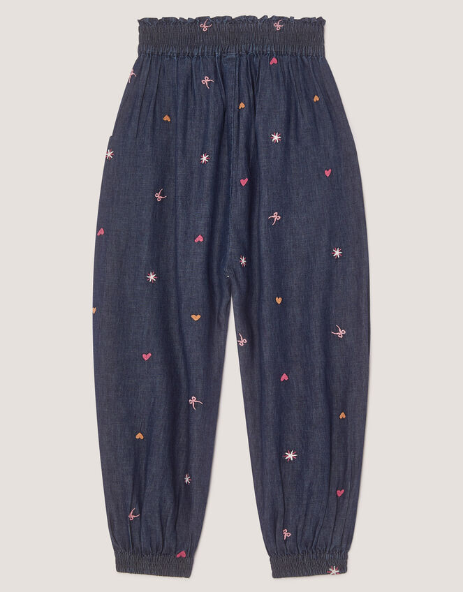 Embroidered Chambray Cuffed Trousers, Blue (BLUE), large