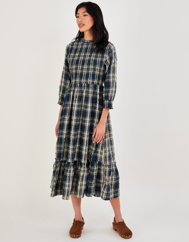 Check Shirred Seersucker Dress in Sustainable Cotton, Blue (NAVY), large