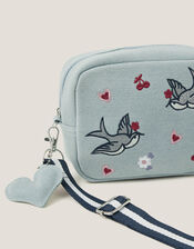 Embroidered Denim Cross Body Bag, , large
